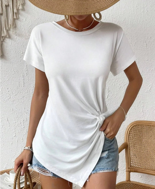 Damen nan asymmetrisches Knotenshirt mit seitlicher Drehung und verlängertem Zipfelsaum R&B