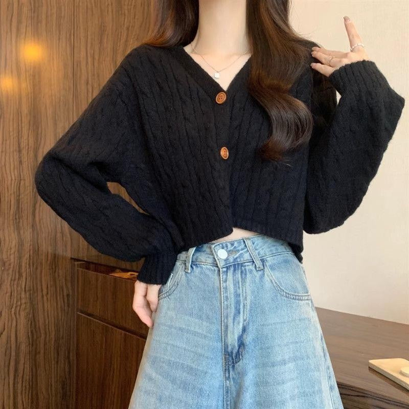 Damen kuscheliger Strickcardigan mit V-Ausschnitt und großen Knöpfen R&B