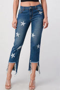 Damen modische Jeans mit Sternen-Design und fransigem Saum