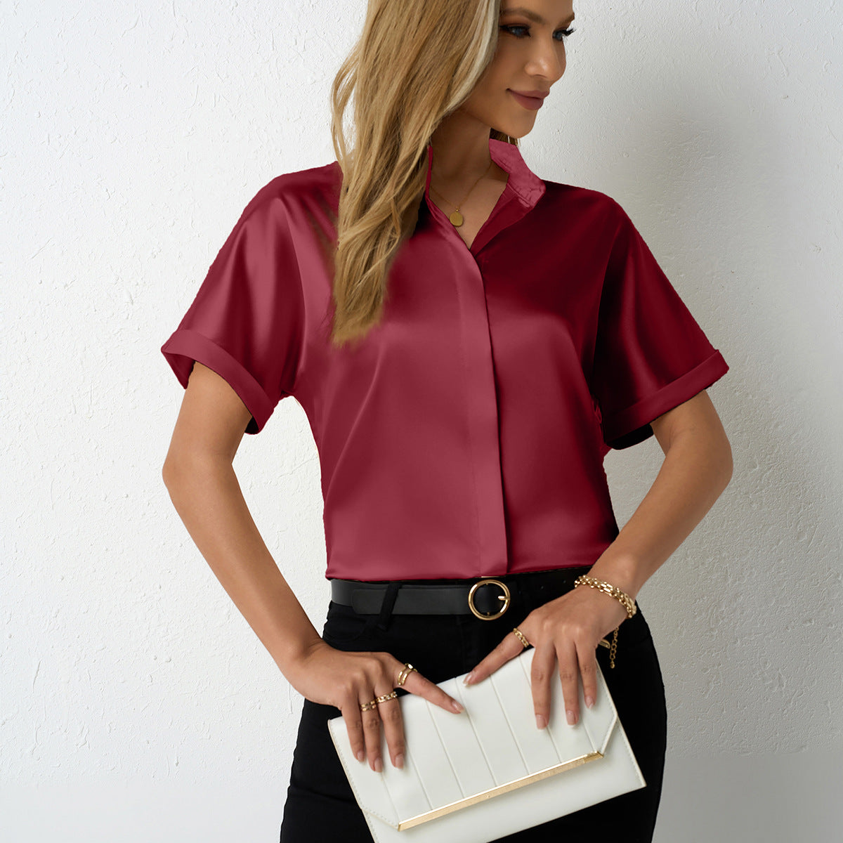 Damen elegante Satinbluse mit klassischem Kragen und umgeschlagenen Ärmeln R&B