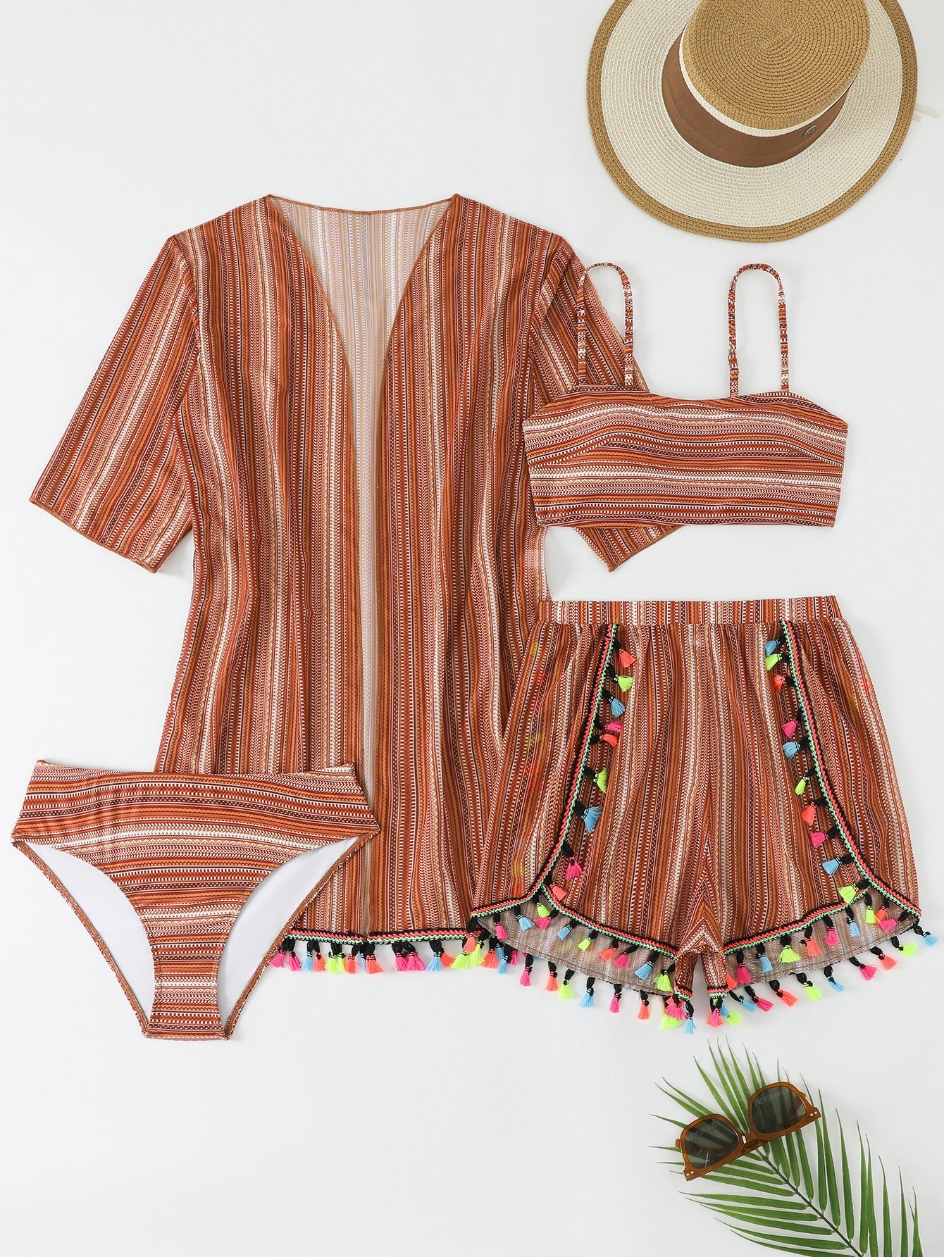 Damen Bikini-Set mit buntem Wickelrock und verspielten Pompoms R&B