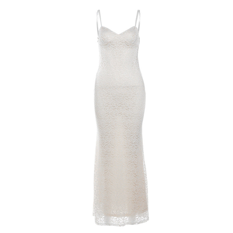 Damen Spitzenkleid mit zarten Spaghettiträgern und fließendem Schnitt R&B