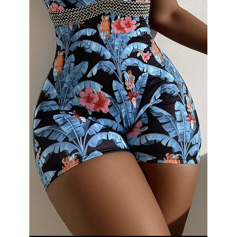 Damen Einteiliger Badeanzug mit tiefem V-Ausschnitt und modischem floralem Design R&B