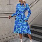 Damen langärmliges Maxikleid mit floralen Mustern und elegantem Gürtel