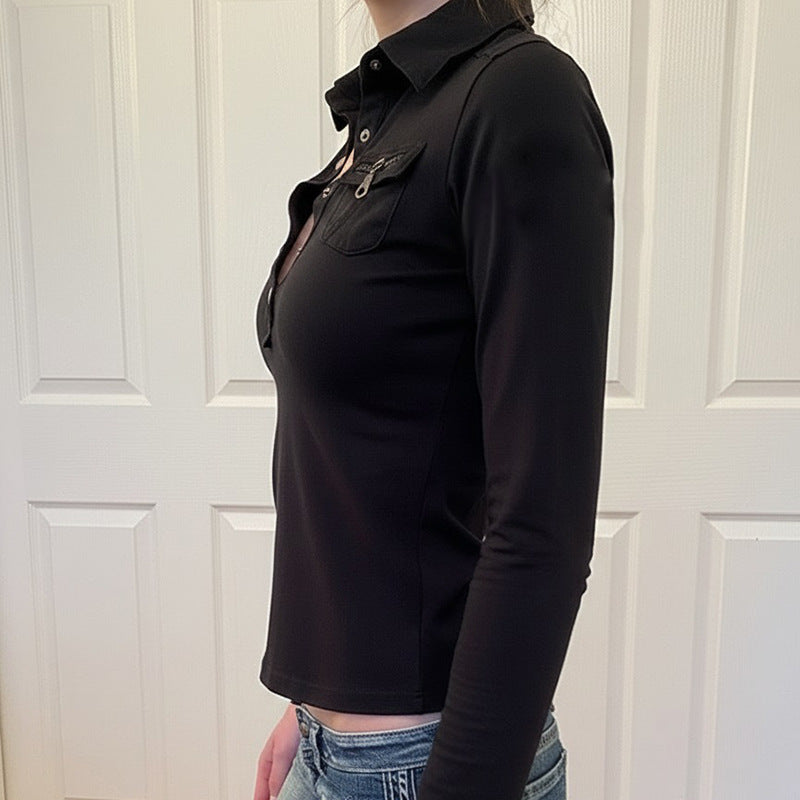 Damen Poloshirt mit stylischen Taschen und eleganten Druckknöpfen R&B