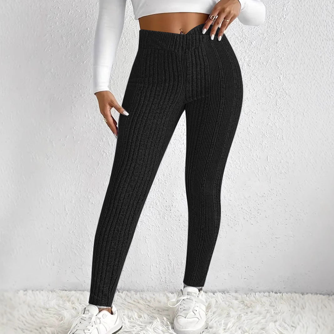 Damen Strickleggings mit hohem Bund und feinen Längsrippen R&B
