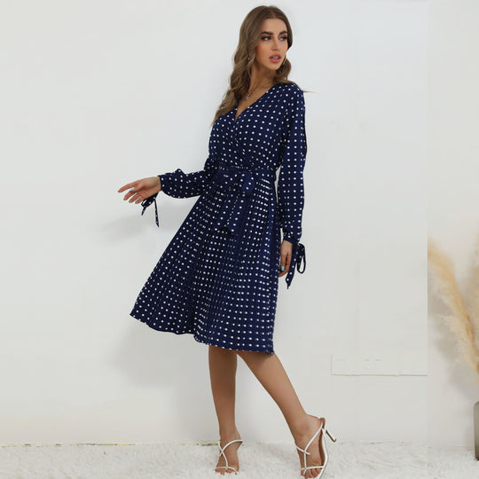 Damen Wickelkleid mit Punktmuster und langem Ärmel R&B