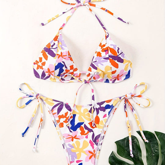 Damen Triangel-Bikini mit verstellbaren Schnüren und fröhlichem Blumenmuster R&B