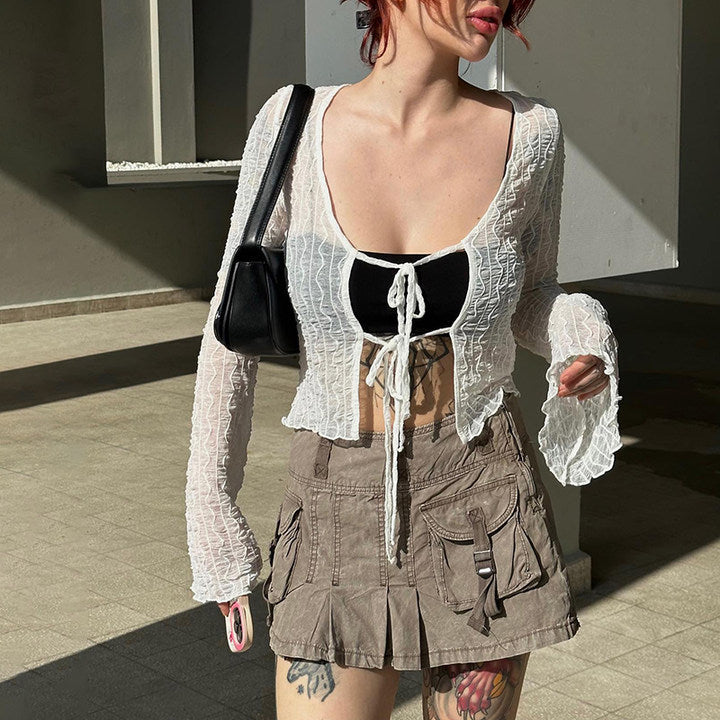 Damen trendige Crop-Bluse mit Schnüroption und transparentem Design R&B