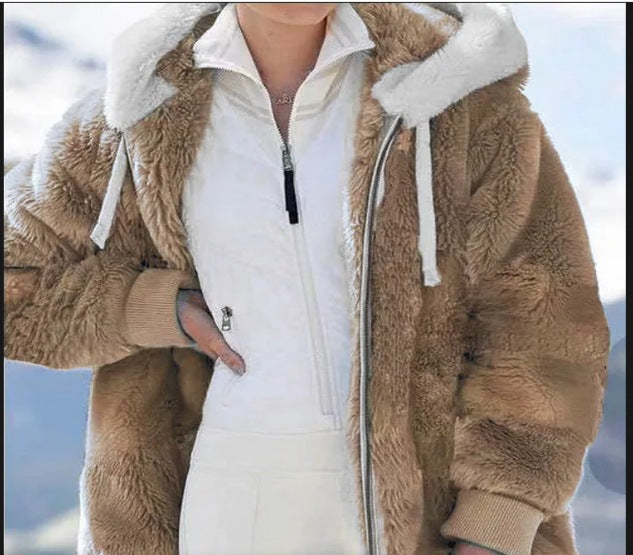 Damen Kuschelige Kunstpelzjacke mit Kapuze R&B
