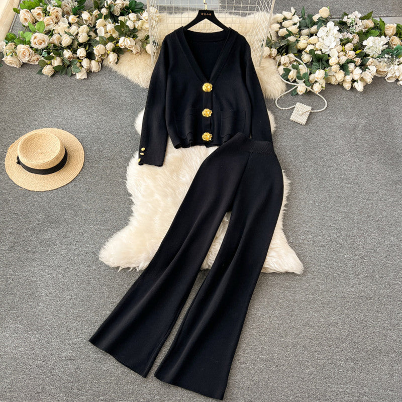Damen elegantes Strick-Loungewear-Set mit dekorativen Knöpfen und weitem Bein R&B