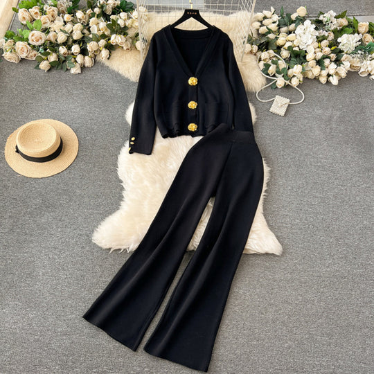 Damen elegantes Strick-Loungewear-Set mit dekorativen Knöpfen und weitem Bein R&B