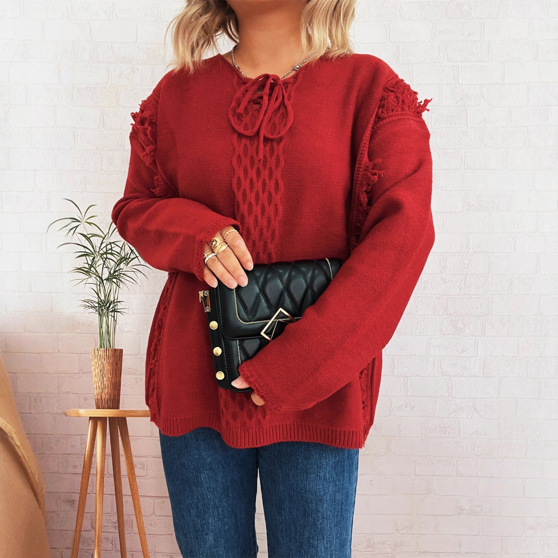 Damen Oversize-Strickpullover mit verspieltem Fransen-Design und Zopfmuster R&B
