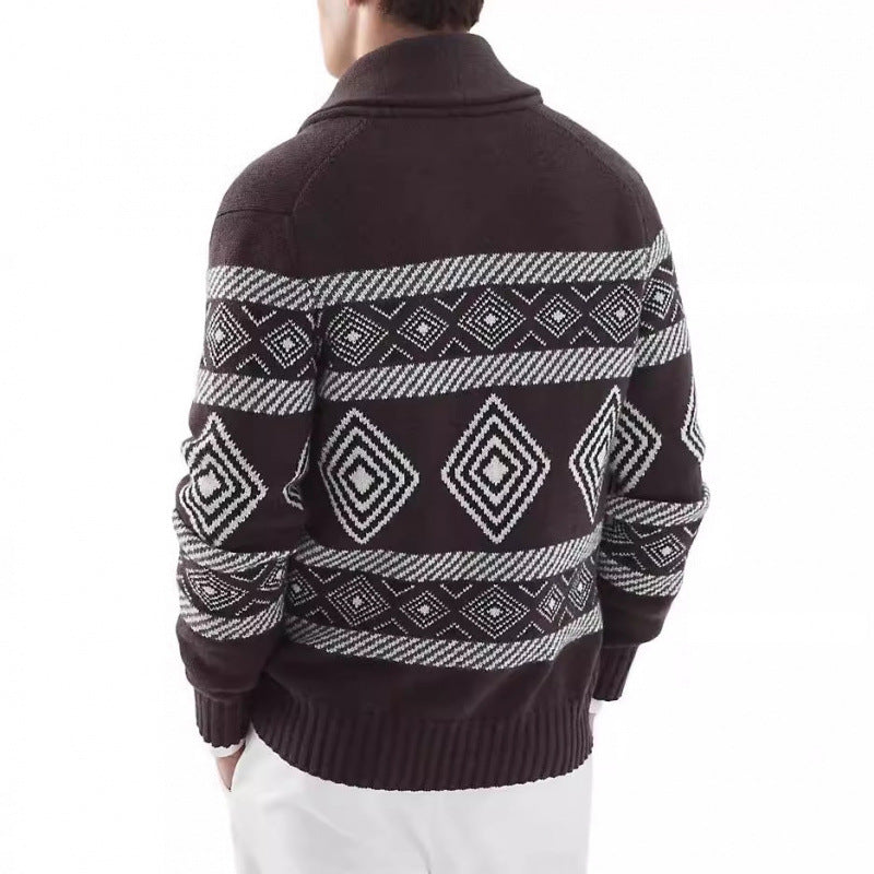 Herren Strickjacke mit modernem grafischen Muster und klassischem Kragen R&B