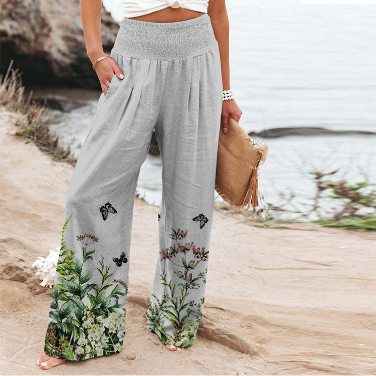 Damen weite Floral-Hose mit elastischem Bund und seitlichen Taschen R&B