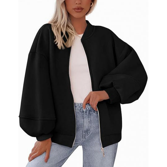 Damen lässige Oversized-Jacke mit Reißverschluss und ballonen Ärmeln R&B