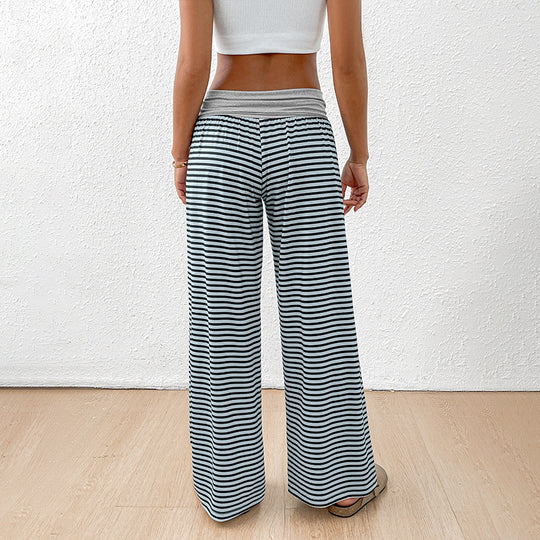 Damen weite gestreifte Freizeithose mit hohem Bund und elastischem Taillenbund R&B