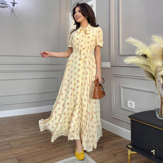 Damen Maxikleid mit eleganter Schleifenbindung und romantischem Blütenmuster R&B