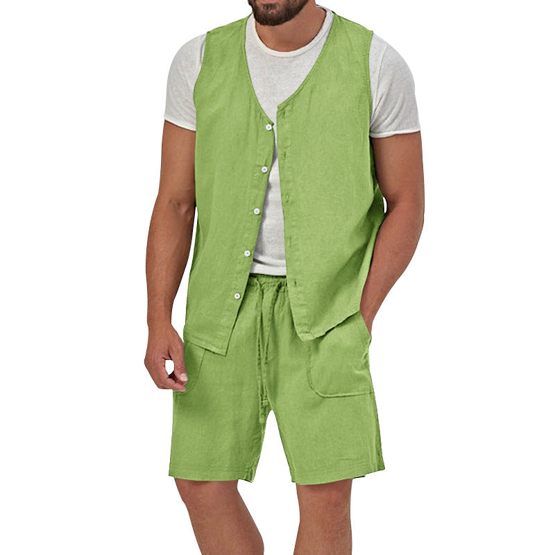 Herren nan zweiteiliges Freizeit-Set mit ärmelloser Knopfweste und weiten Kordelzug-Shorts mit aufgesetzten Taschen R&B