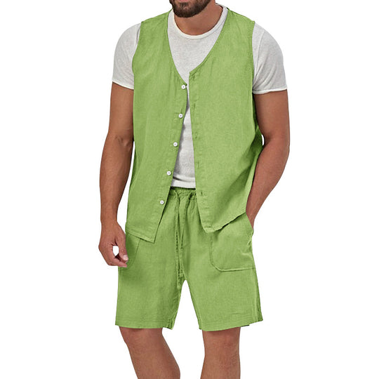 Herren nan zweiteiliges Freizeit-Set mit ärmelloser Knopfweste und weiten Kordelzug-Shorts mit aufgesetzten Taschen R&B