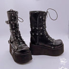 Damen Plateau-Stiefel mit robusten Schnallen und hochwertiger Leder-Oberfläche R&B