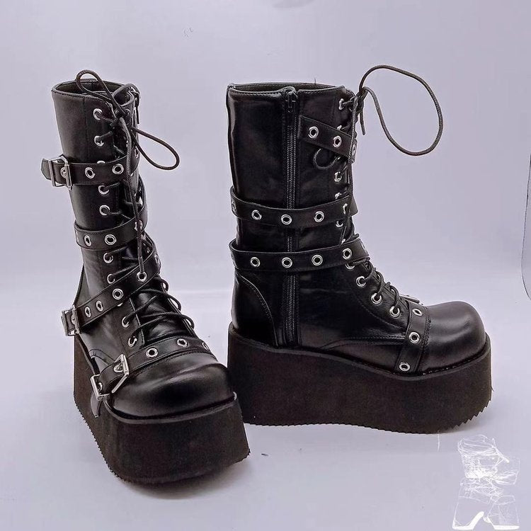 Damen Plateau-Stiefel mit robusten Schnallen und hochwertiger Leder-Oberfläche R&B