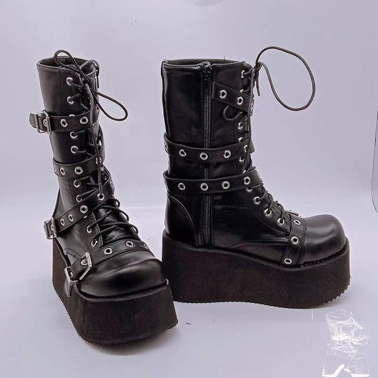 Damen Plateau-Stiefel mit robusten Schnallen und hochwertiger Leder-Oberfläche R&B