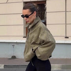Damen Oversized Suede Jacke mit hohem Kragen und praktischen Taschen R&B