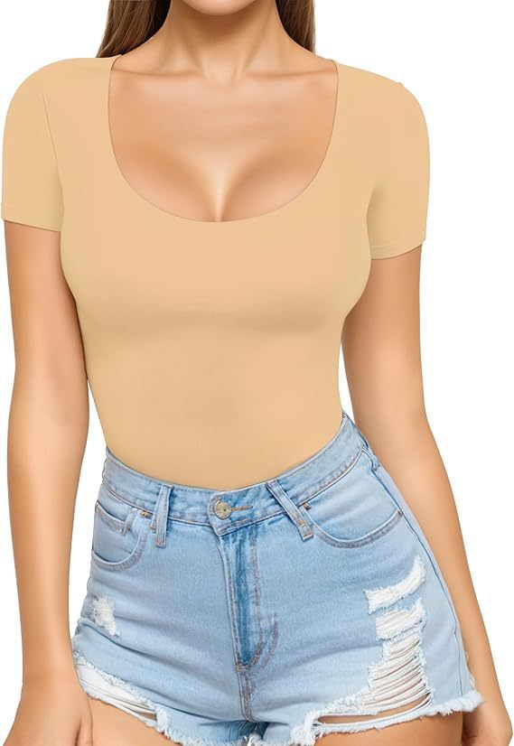 Damen figurbetontes Kurzarm-Body mit rundem Ausschnitt und nahtlosem Design R&B