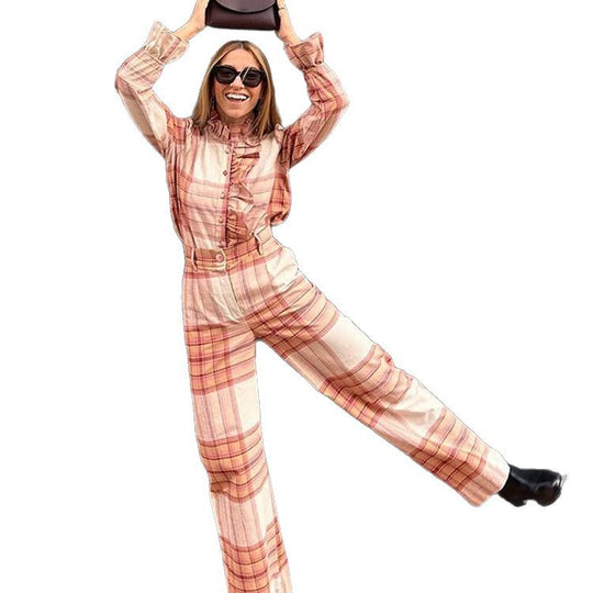 Damen Karomuster Jumpsuit mit Gürtel und Rüschen R&B
