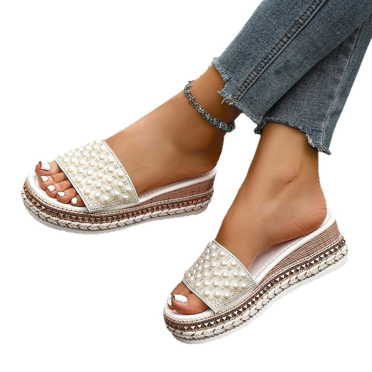 Damen Elegante Wedge-Pantoletten mit Perlenverzierungen und rutschfester Sohle R&B