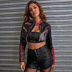 Damen modische cropped Kunstlederjacke R&B