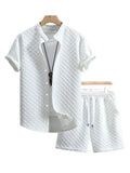 Herren nan zweiteiliges Sommerensemble mit Stehkragen-Hemdjacke und elastischen Komfort-Shorts in geprägter Karo-Textur R&B