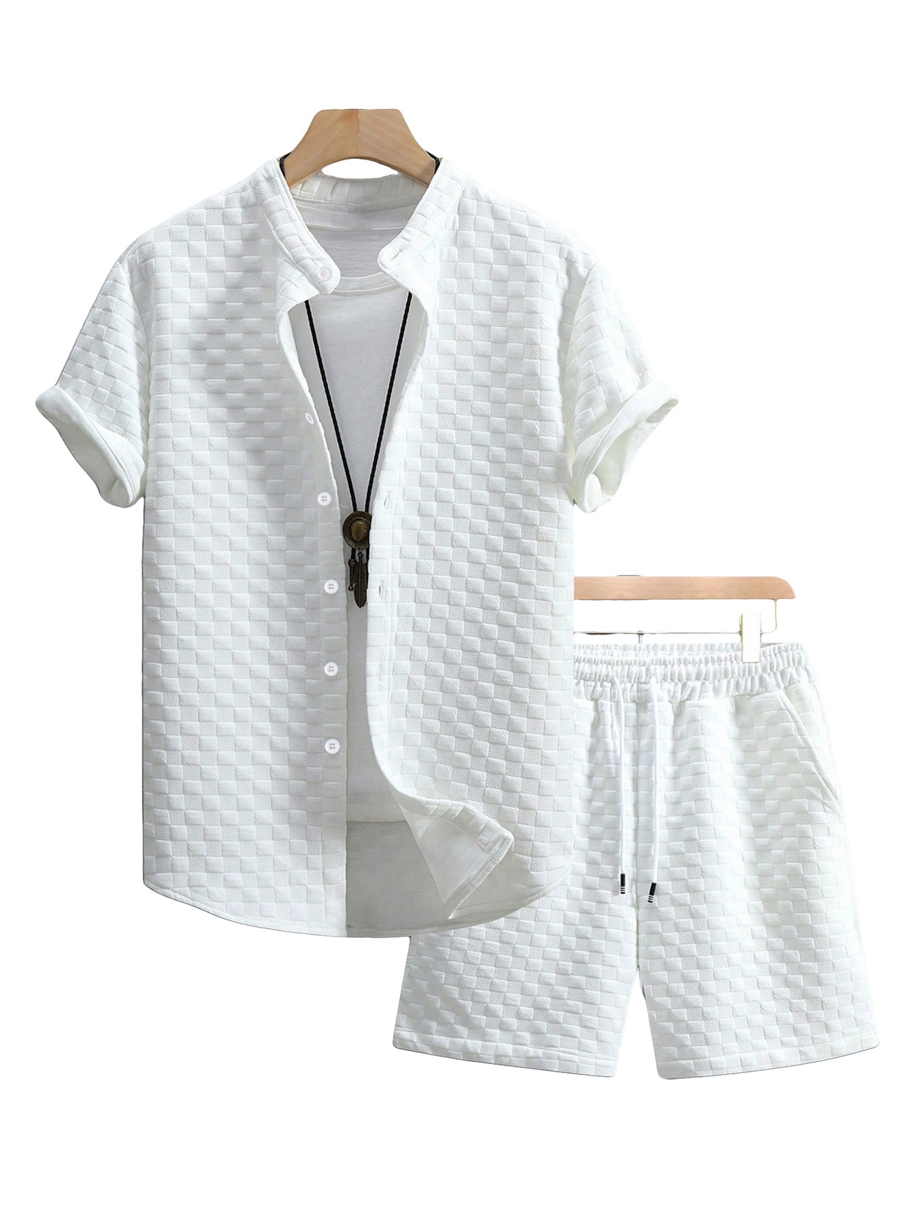 Herren nan zweiteiliges Sommerensemble mit Stehkragen-Hemdjacke und elastischen Komfort-Shorts in geprägter Karo-Textur R&B