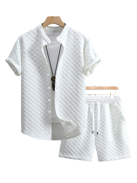 Herren nan zweiteiliges Sommerensemble mit Stehkragen-Hemdjacke und elastischen Komfort-Shorts in geprägter Karo-Textur R&B