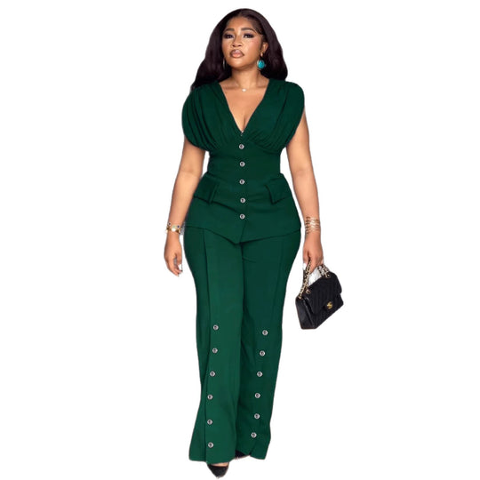 Damen Elegantes Jumpsuit mit drapiertem Oberteil und dekorativen Knöpfen R&B