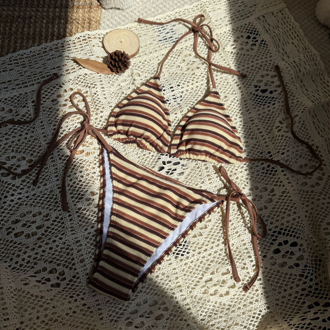 Damen Triangel-Bikini mit verstellbaren Bändern und buntem Streifenmuster R&B