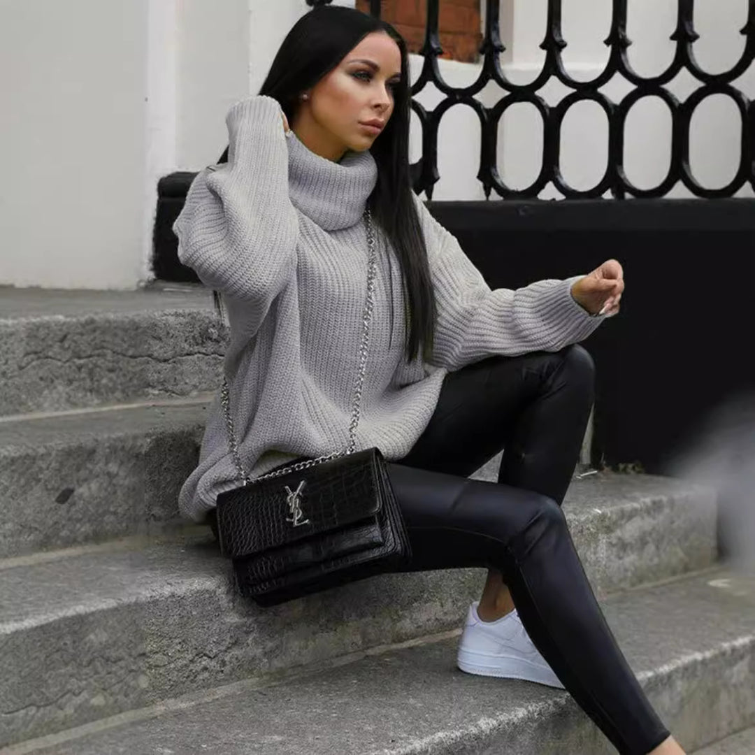 Damen Oversized Strickpullover mit hohem Kragen und modernem Schnitt R&B