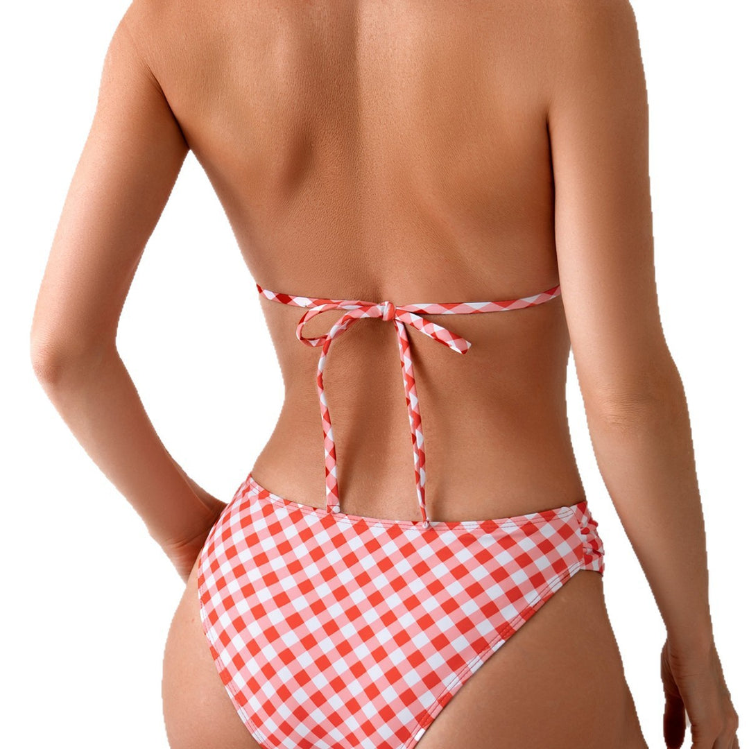 Damen Triangel-Bikini mit verspieltem Karomuster und eleganten Schleifen R&B