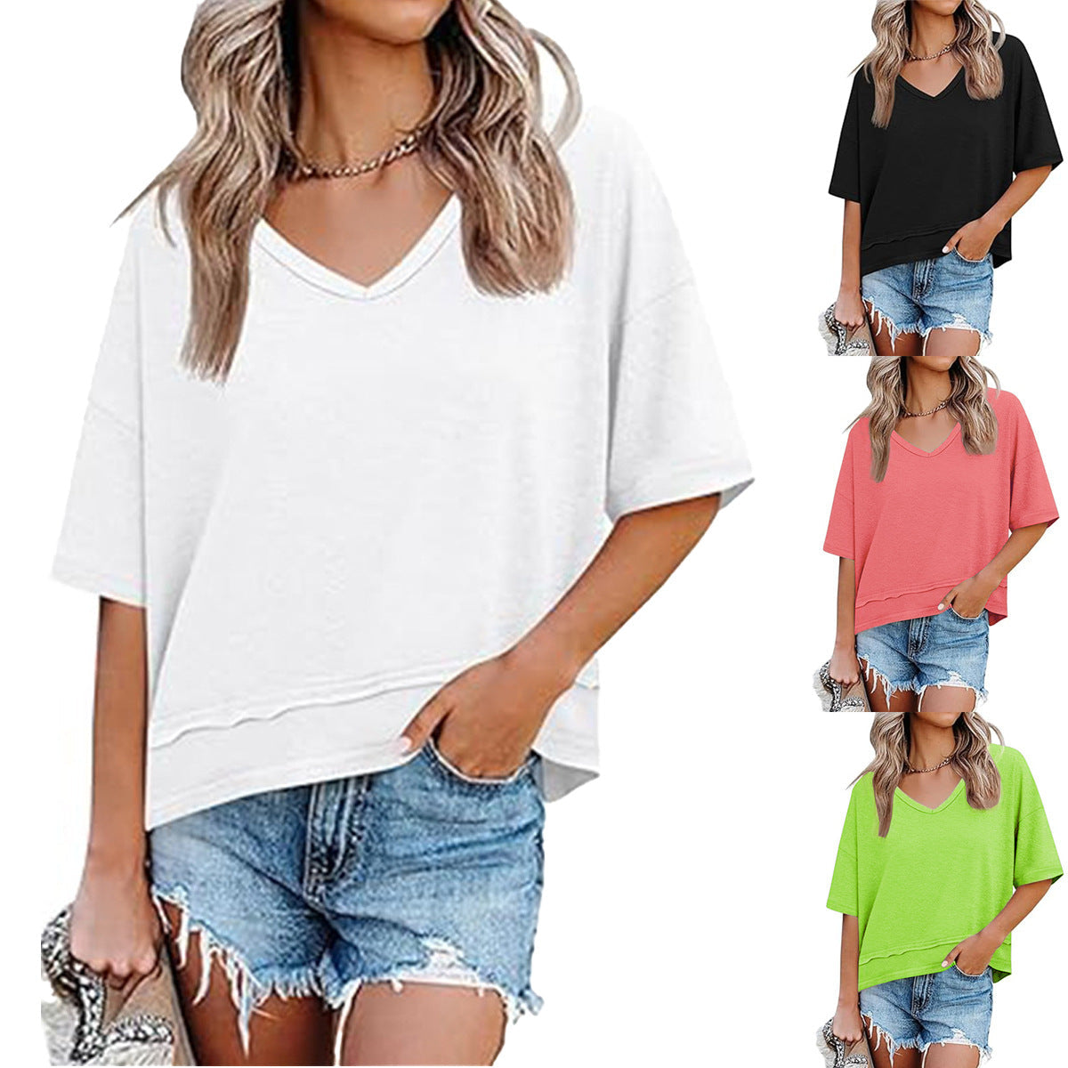 Damen lässiges V-Ausschnitt Oversized T-Shirt R&B
