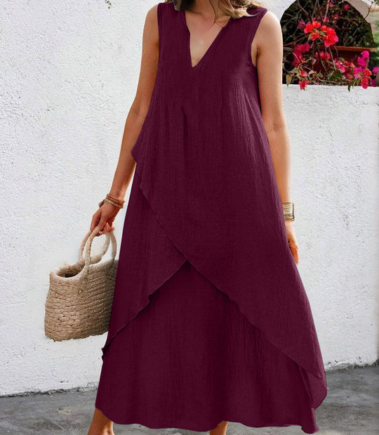 Damen Lässiges Maxikleid mit überlappendem Volant und modernem V-Ausschnitt R&B