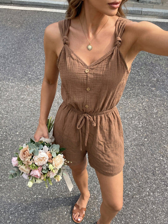 Damen lässiger Jumpsuit mit knöpfbarem V-Ausschnitt und elastischem Bund R&B