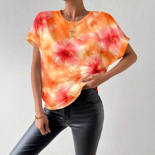Damen nan lockeres Kurzblusen-Shirt in Seidenoptik mit Aquarellblütenprint und Umschlagärmeln R&B