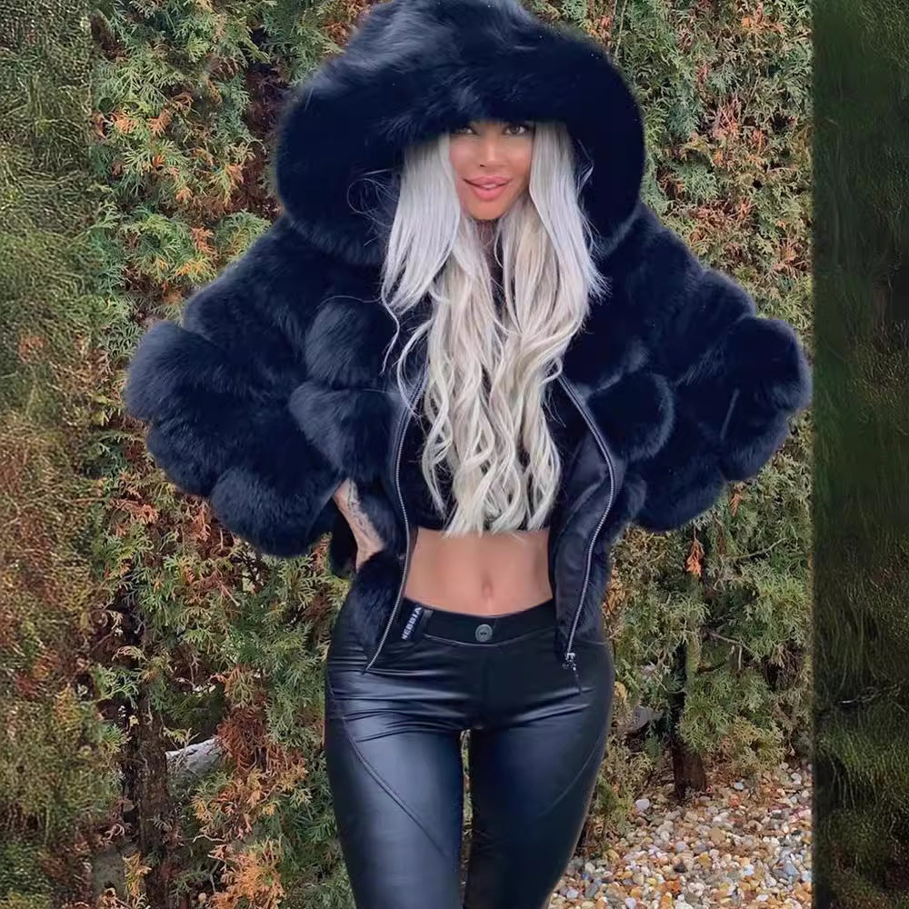 Damen Sportliche Kunstpelzjacke mit Kapuze R&B