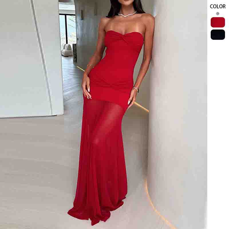 Damen Elegantes Maxikleid mit gerafftem Oberteil und schwingendem Rock R&B