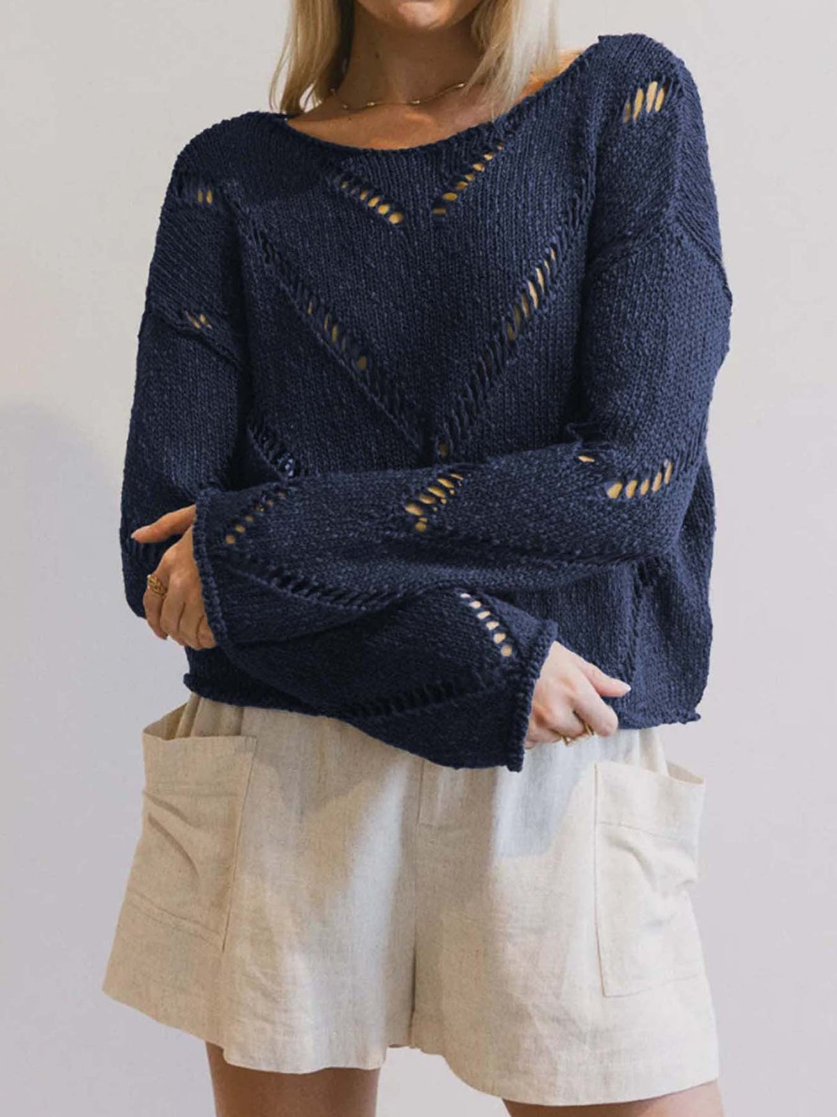 Damen lässiger Strickpullover mit luftiger Maschenstruktur