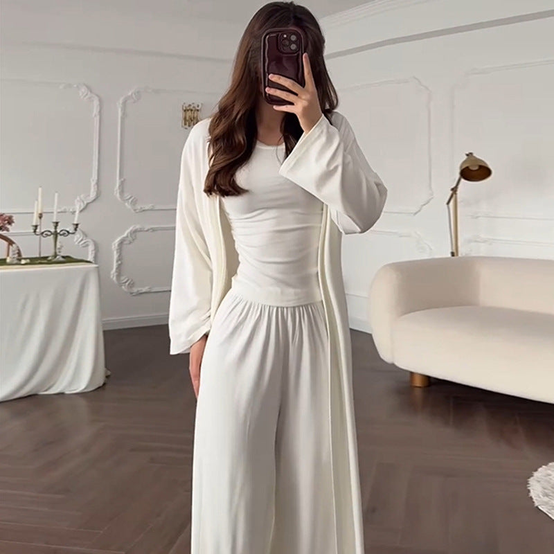 Damen Loungewear-Kombination aus langärmligem Oberteil und weiten Palazzo-Hosen R&B