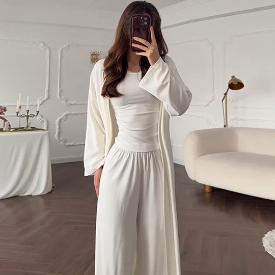 Damen Loungewear-Kombination aus langärmligem Oberteil und weiten Palazzo-Hosen R&B