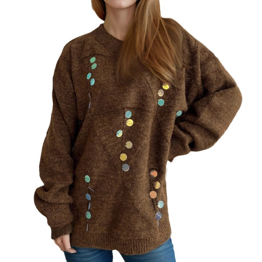 Damen lässiger Pullover mit dekorativen Pailletten und strukturiertem Maschenmuster R&B