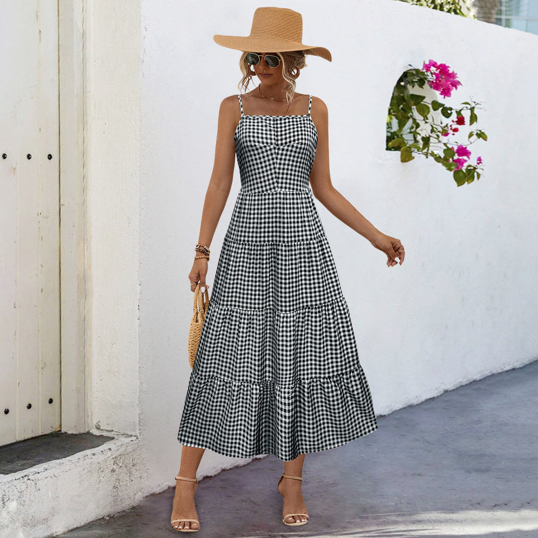 Damen Maxikleid im karierten Design mit Taillenakzent und Rüschensaum R&B
